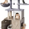 HavenlyYouth Litter Box Enclosure with Cat Tree,Cat Tree with Litter Box Enclosure,Hidden Pet Washroom Furniture with Sisal Scratching Post,Hammocks,Condo,Multiple Platform,Soft Plush Perch, Grey